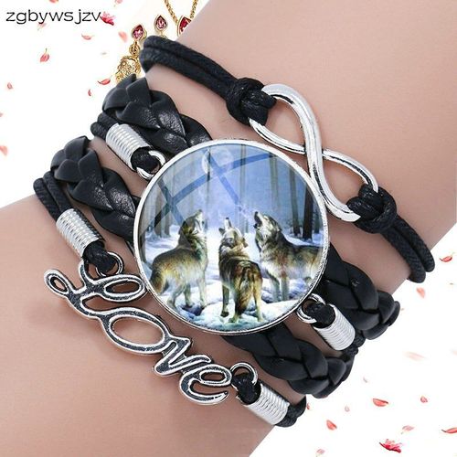 Bracelet En Cuir Noir Multicouche Pour Femme, Bijoux Vintage, Charmant, À La Mode, Loup Hurlant, Vente En Gros