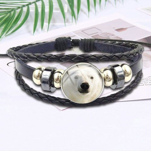 Bijoux Vintage Ours Polaire Blanc Avec Cabochon En Verre, Bracelet En Cuir Noir Pour Femmes Et Enfants