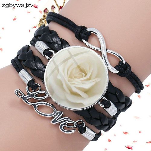 Bracelet En Cuir Noir Multicouche, Fleur Rose, Bijoux En Verre Pour Femmes, Collier Fait À La Main Pour Filles