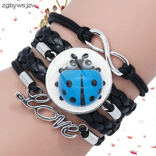 Bracelet En Cuir Noir Multicouche Pour Femme, Bijoux Vintage, Motif Insectes Verts, Verre Charmant, À La Mode, Vente En Gros
