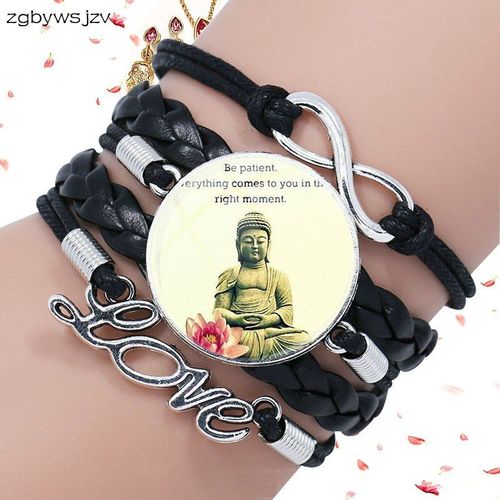Bracelet En Cuir Noir Pour Enfants, Cabochon En Verre, Bijoux Avec Multicouche, Inspiration Bouddha