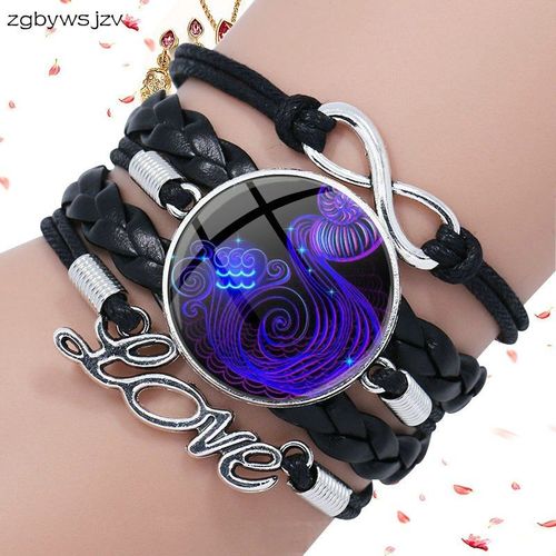 Bijoux Avec Cabochon En Verre, Bracelet Multicouche En Cuir Noir Pour Femmes, Cadeau De Fête 12 Constellations Lion Virgo