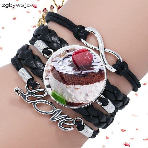 Bracelet En Cuir Noir Pour Femmes Et Filles, Bijoux En Verre, Cabochon Multicouche, Bijoux Gâteau Au Chocolat