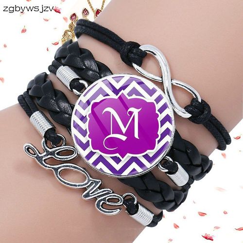Collier Monogramme Violet Chevron Pour Femmes, Bijoux Vintage Avec Bracelet Multicouche En Cuir Noir