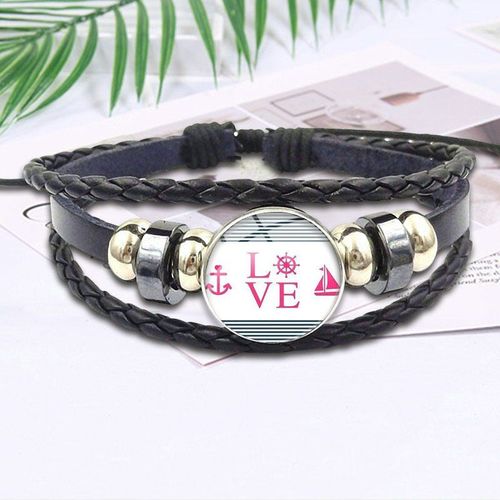 Bijoux Vintage Pour Enfants, Cabochon En Verre Plaqué, Maxi Bracelet En Cuir Noir, Ancre De Gouvernail