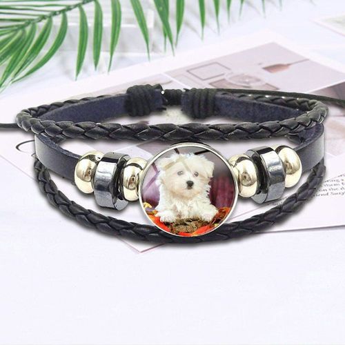 Bracelet En Cuir Noir Et Verre Pour Femme, Style Vintage, Fait À La Main, Animal Mignon, Chien Sharpei