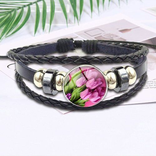 Bracelet En Cuir Noir Pour Filles, Bijoux En Verre De Haute Qualité, Tulipe Rose Fait À La Main, Cadeau À La Mode