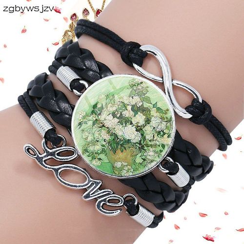 Cabochon En Verre Rose Van Gogh, Bijoux De Dessin Animé Avec Multicouche, Bracelet En Cuir Noir, Meilleur Cadeau Pour Filles