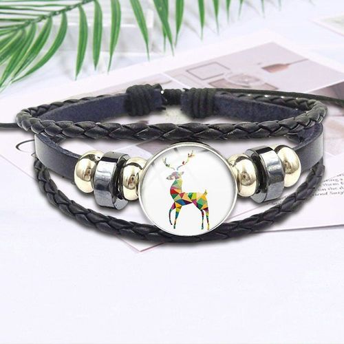 Bracelet En Cuir Noir, Cabochon En Verre, Vintage, Mode, Bijoux Pour Hommes Et Femmes, Couleur Gif, Chapeau Photo D'élan