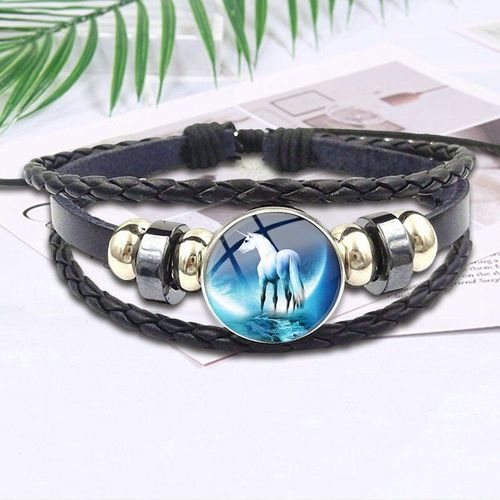 Bijoux De Marque Célèbre Avec Cabochon En Verre, Bracelet En Cuir Noir, Licorne Blanche, Cadeau De Saint Valentin