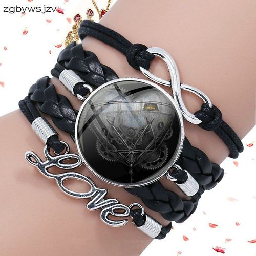 Bracelet En Cuir Noir Multicouche, Bijoux En Cristal, Cadeau Pour Femmes Et Hommes, C¿Ur Steampunk