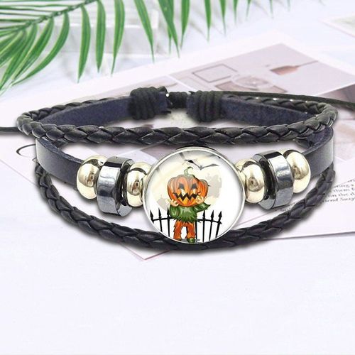 Bracelet En Cuir Noir Pour Enfant, Cabochon En Verre, Bijoux, Cadeaux D'halloween, Chauve Souris, Chat, Citrouille