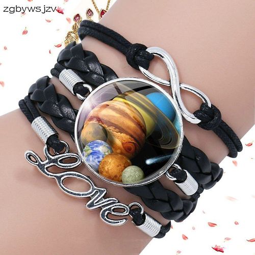 Bracelet En Cuir Noir Pour Femmes Et Enfants, Système Solaire, Pendentif Galaxie, Cabochon Multicouche, Cadeau
