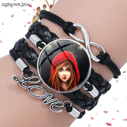 Bracelet En Cuir De Haute Qualité Pour Filles, Petit Chaperon Rouge, Cabochon En Verre, Multicouche, Noir, Déclaration De Fête Pour Femmes