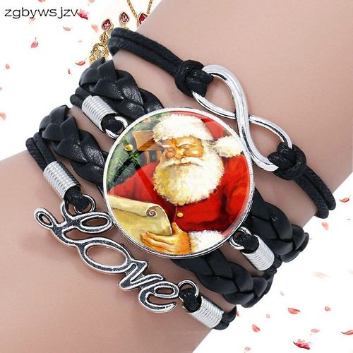 Bracelet Multicouche En Cuir Noir Pour Femme Et Garçon, Bijou Rond À Breloques, En Cristal De Verre, Idée Cadeau Pour Chat Et Père Noël