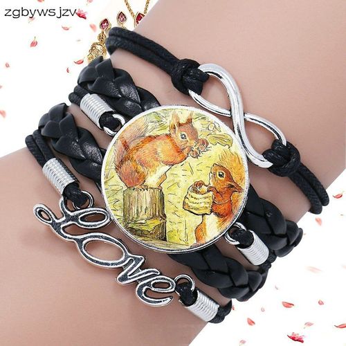 Bracelet En Cuir Noir Multicouche Pour Femmes Et Hommes, Bijoux De Fête, En Forme D'écureuil, Cabochon En Verre