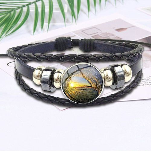 Boucles Et Coucher De Soleil Pour Hommes Et Femmes, Bijoux De Marque Avec Cabochon En Verre, Bracelet En Cuir Noir