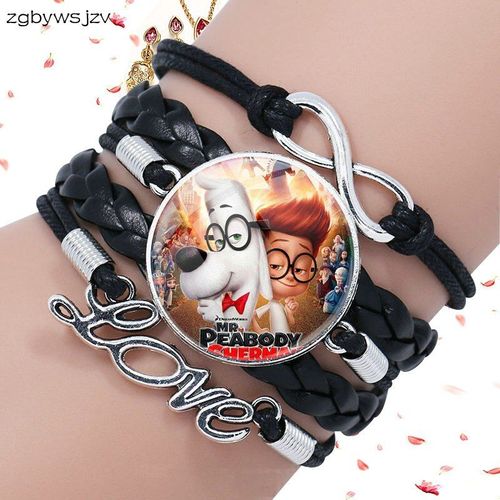 Bracelet En Cuir Noir Multicouche Avec Cabochon En Verre, Bijoux Pour Femmes Et Filles Mr Peabody Sherman