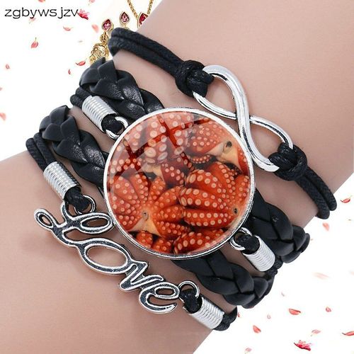 Bracelet En Cuir Noir Pour Filles, Bijoux Tendance Bon Marché, Cabochon En Verre, Multicouche, Poulpe Rouge, Vente En Gros