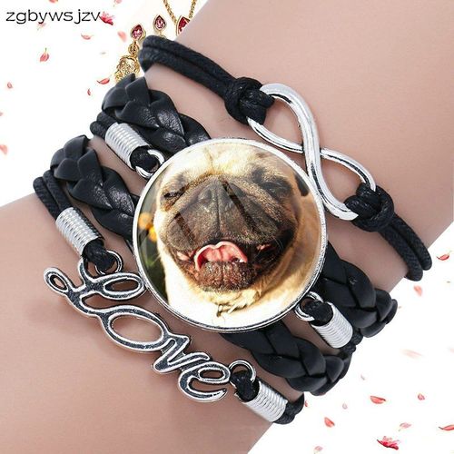 Bracelet En Cuir Noir Pour Femmes Et Filles, Bijoux De Marque Célèbre Avec Cabochon En Verre, Multicouche, Mignon Chien Sharpei