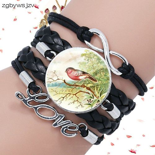 Bracelet Multicouches En Cuir Noir Plaqué, Bijoux Vintage, Colibri, Vert, Violet, Pour Femmes Et Filles