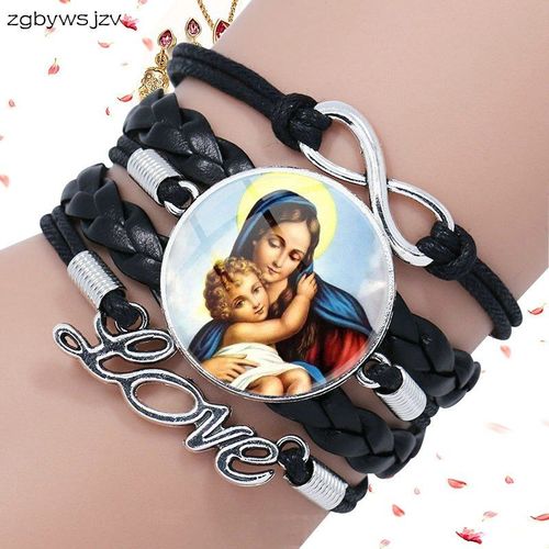 Bracelet En Cuir Noir Avec Cabochon En Verre Pour Femmes, Bijoux Multicouches, À La Mode, Vierge Marie Mère De Bébé