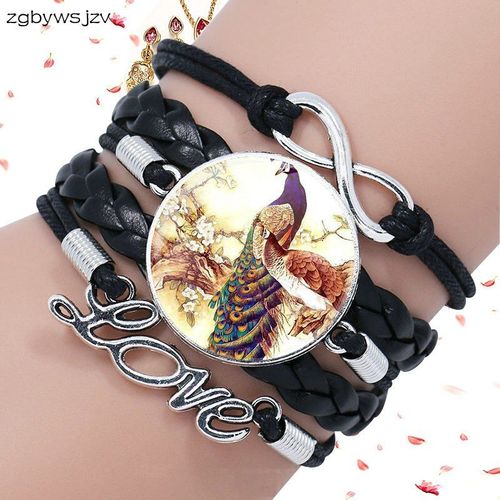 Bracelet À Homard En Cuir Noir, Bijoux Multicouches, Cadeau En Cristal, Bel Animal Paon