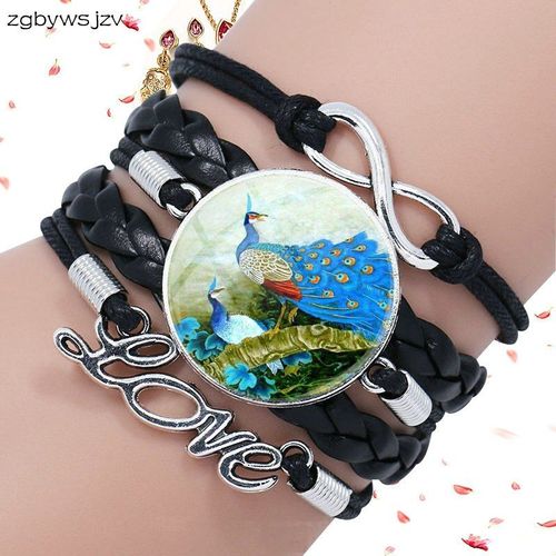 Bracelet Paon Pour Femmes, Ras Du Cou, Vintage, Verre, Multicouche, En Cuir Noir, Bijoux Pour Femmes, 2020