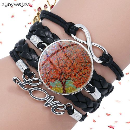 Bracelet En Cuir Noir Multicouche Pour Femmes, Cabochon De Verre, Déclaration Arbre De Vie, Vente En Gros