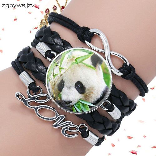 Bracelet À Homard En Cuir Noir, Cabochon En Verre, Bijoux De Dessin Animé Avec Multicouche, Panda Géant Pour Bébé