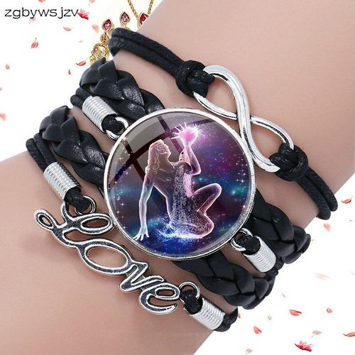 Bracelet En Cuir Noir Multicouche, Bijoux En Verre Pour Femmes Et Filles, Collier Fait À La Main Avec Signes Du Zodiaque 12 Constellations