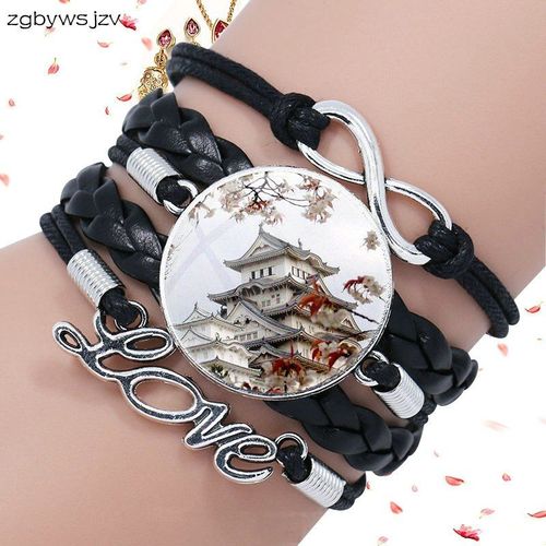 Bijoux Pagode Avec Cabochon En Verre, Bracelet En Cuir Noir Multicouche Pour Femmes Et Filles, Collier Fait À La Main