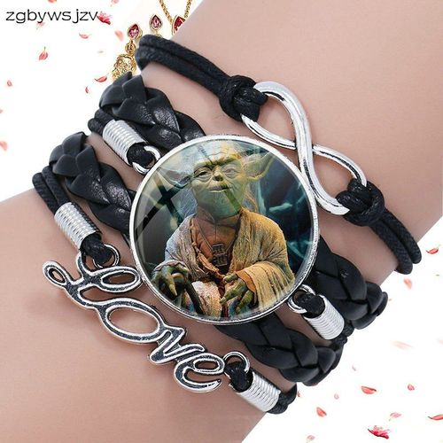Bracelet En Cuir Noir Multicouche Avec Cabochon En Verre, Bijoux De Style Rétro Pour Femmes, Cadeau Yoda Star Wars