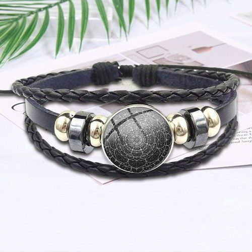 Bracelet En Cuir Noir, Bijoux Steampunk, Cabochon En Verre, Fleur De Vie, Bleu Éblouissant, Mandala Kaleidoscope