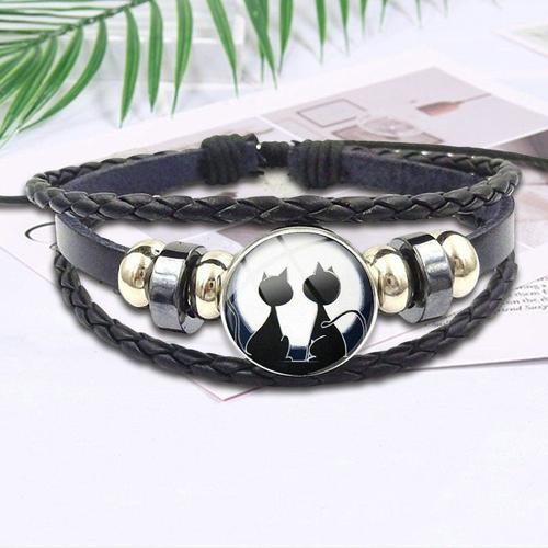 Bracelet En Cuir Noir Pour Filles, Bijoux De Marque Célèbre Avec Cabochon En Verre, Meilleur Cadeau, Silhouette De Chat Miaou