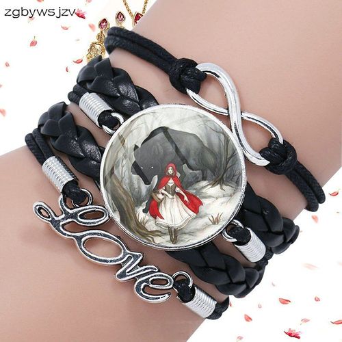Petit Chaperon Rouge Pour Femmes Et Enfants, Bijoux Harajuku Avec Cabochon En Verre Multicouche, Bracelet En Cuir Noir