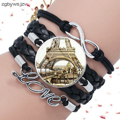 Tour Eiffel Pour Femmes Et Enfants, Bijoux Harajuku Avec Cabochon En Verre Multicouche, Bracelet En Cuir Noir