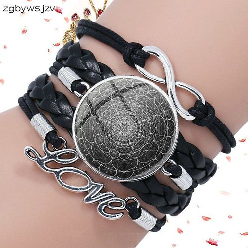 Bracelet Multicouche En Cuir Noir Pour Femmes, Cabochon En Verre, Bijoux Vintage, Fleur De Vie, Bleu Éblouissant, Kaleidoscope Mandala