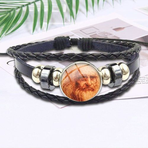 Bracelet En Cuir Noir De Marque Leonardo Da Vinci, Cabochon En Verre, Bijoux Pour Femmes Et Filles, Fait À La Main