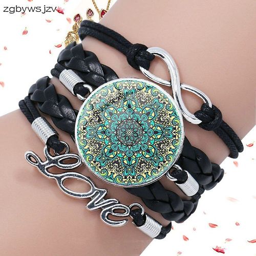 Bracelet En Cuir Noir Avec Fleur De Mandala, Bijoux De Cabochon En Verre, Multicouche, Cadeau Pour Femmes, Nouvelle Collection