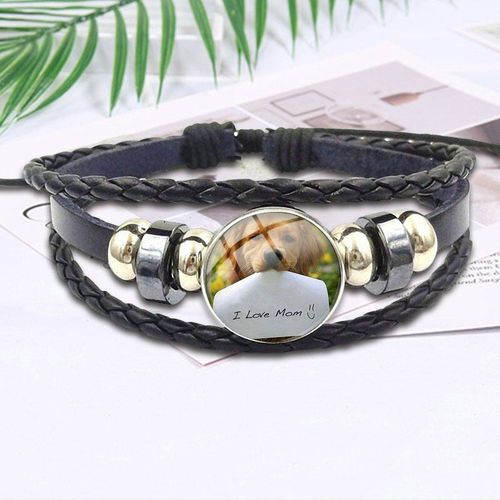 Bracelet En Cuir Noir Pour Femme, Bijou Cadeau De Saint Valentin, Cabochon En Verre, Amour Maman Chien