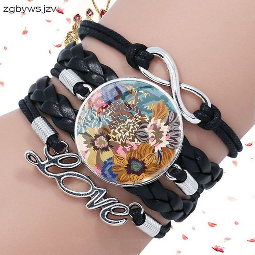 Bracelet En Cuir Noir Pour Femmes, Pierre De Verre, Surface Multicouche, Bijoux De Déclaration, Fleur Multicolore