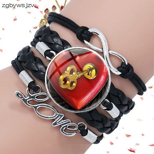 Breloque Clé Rouge Pour Ouvrir Le C¿Ur, Bijoux Avec Cabochon En Verre Plaqué Multicouche, Bracelet En Cuir Noir
