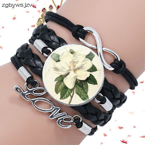 Bracelet En Cuir Noir Multicouche, Bijoux De Dessin Animé Pour Filles, Maxi Collier De Déclaration Fleur De Magnolia