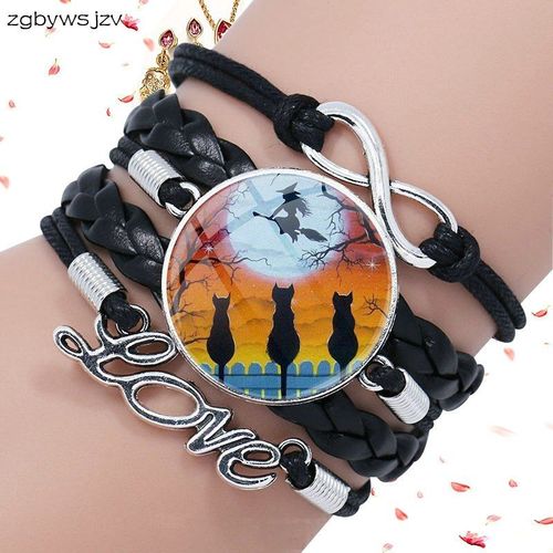 Bracelet En Cuir Noir Pour Femmes, Bijoux Chat, Cabochon En Verre, Multicouche, Cadeau De Fête