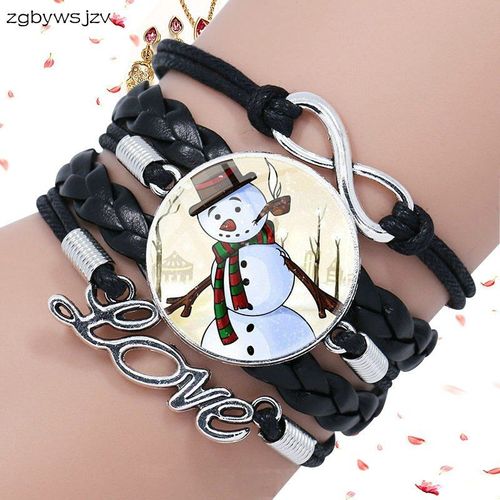 Bracelet Bonhomme De Neige Blanc Et Cuir Noir Pour Filles, Nouveauté, Verre Multicouche, Vente En Gros