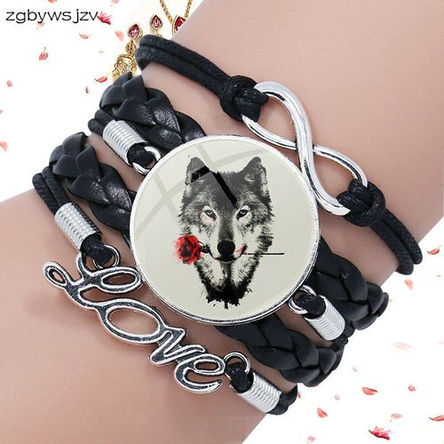 Bracelet En Cuir Noir, Cabochon En Verre, Bijoux Multicouches, Cadeau Unisexe, Loup Avec Fleur De Rose