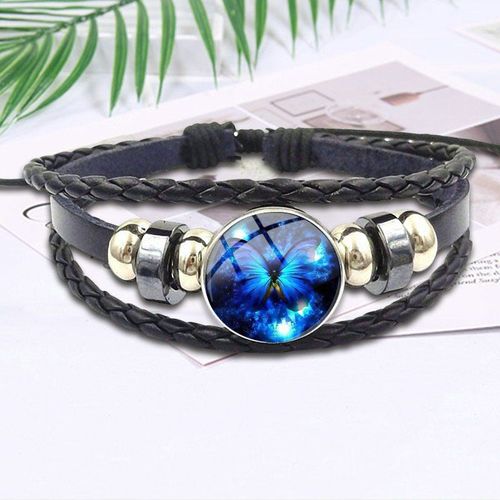 Bijoux De Style Harajuku Pour Enfants, Bijoux Avec Cabochon En Verre Plaqué, Bracelet En Cuir Noir, Belle Couleur Papillon Volant