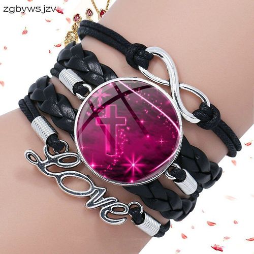 Bracelet En Cuir Noir Avec Cabochon En Verre, Croix Dorée Pour Filles, Bijoux À La Mode Bon Marché, Multicouches, Vente En Gros