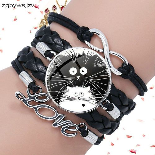 Bracelet Multicouches En Cuir Noir Pour Fille, Bijoux Vintage, Fait À La Main, Chats Noirs Et Blancs